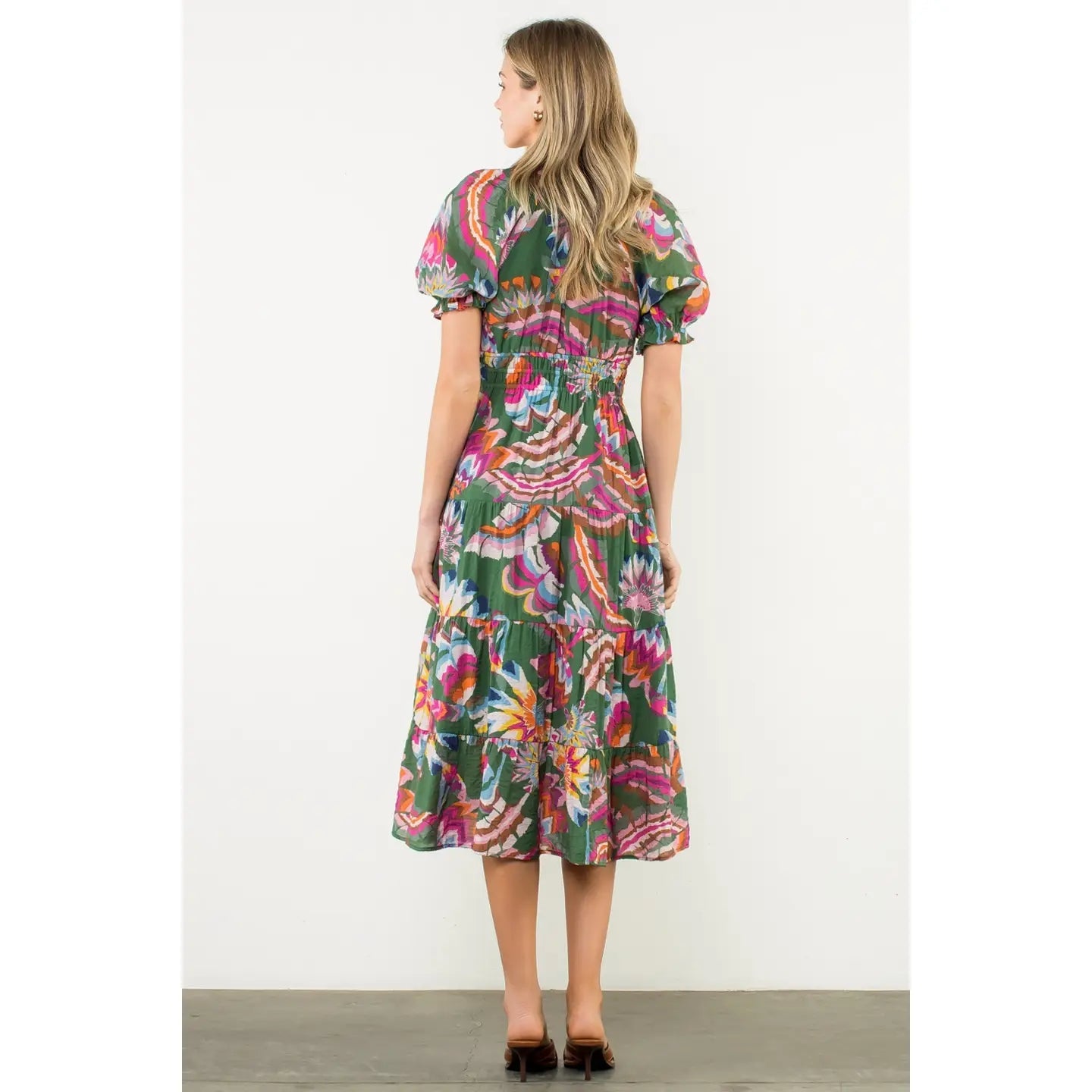 Puff Sleeve Print Tiered Maxi Dress THML