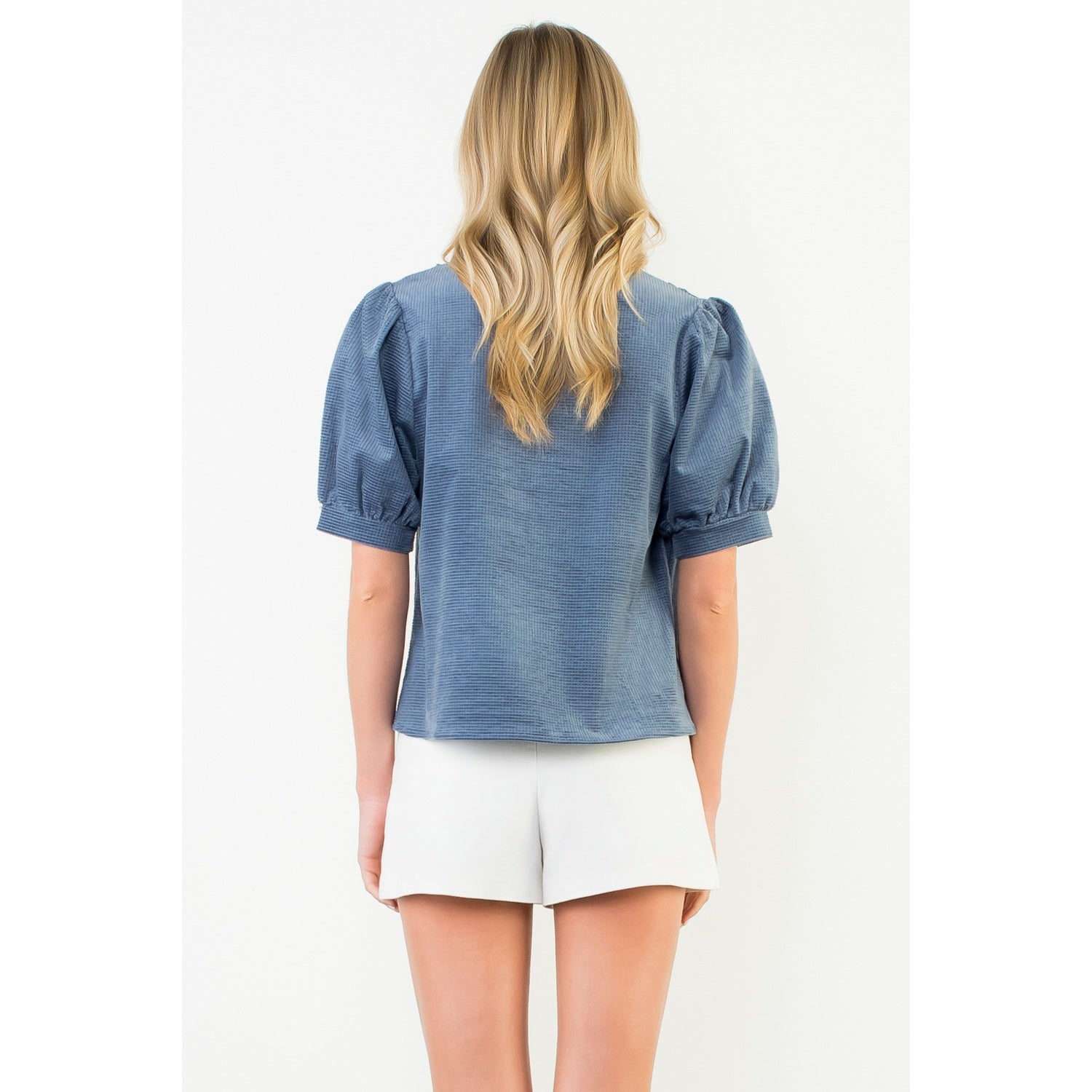 Puff Sleeve Textured V-Neck Top THML
