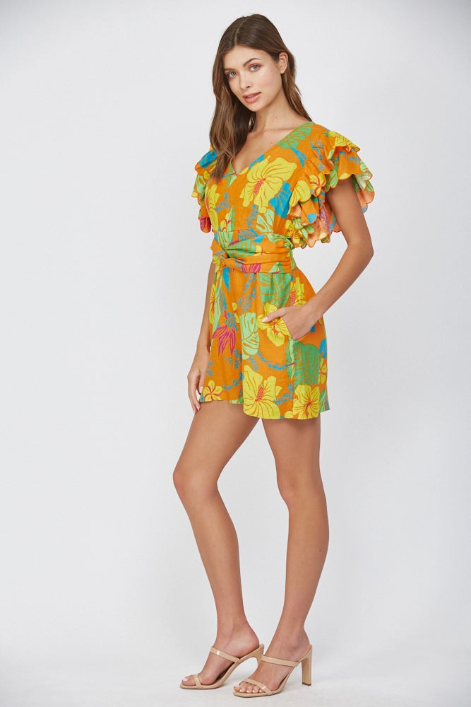 TROPICAL PRINT LINEN RUFFLE SLV ROMPER Shop Expeditions