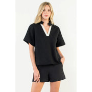 Contrast V-Neck Textured Short Sleeve Top THML