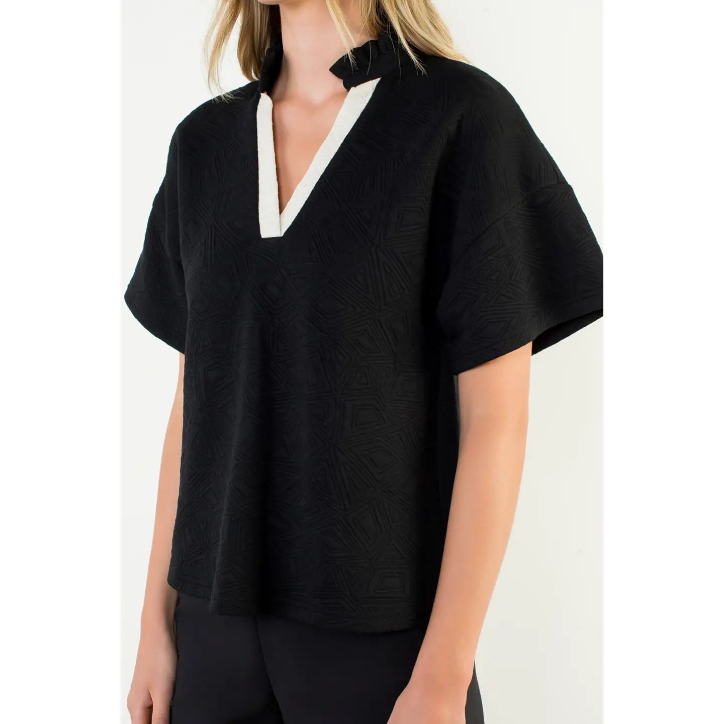 Contrast V-Neck Textured Short Sleeve Top THML