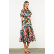 Puff Sleeve Print Tiered Maxi Dress THML