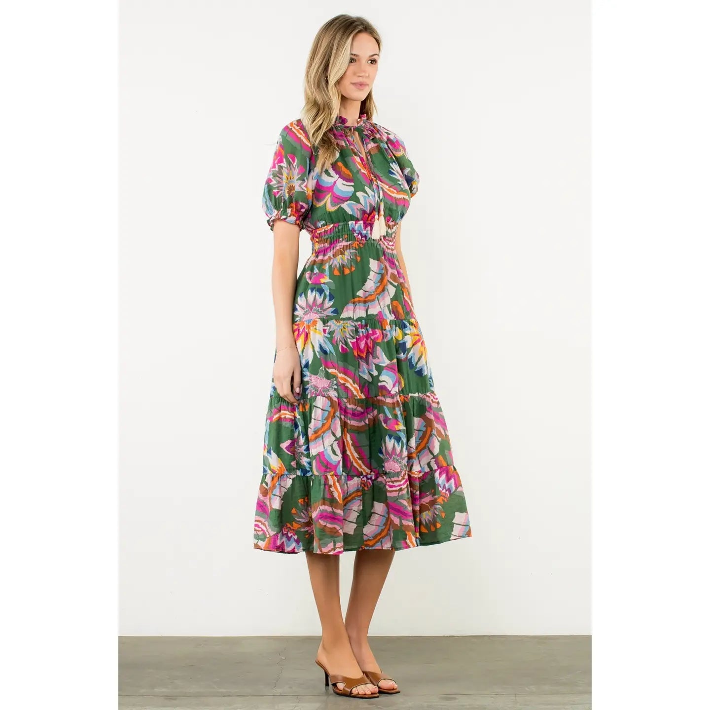 Puff Sleeve Print Tiered Maxi Dress THML