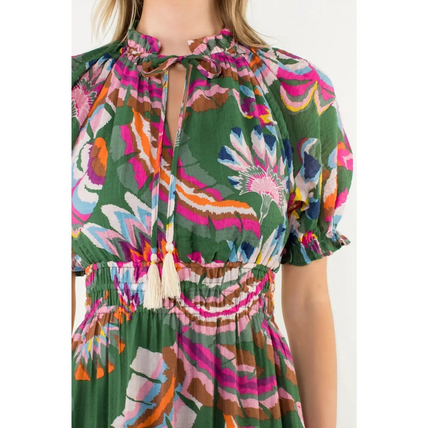 Puff Sleeve Print Tiered Maxi Dress THML