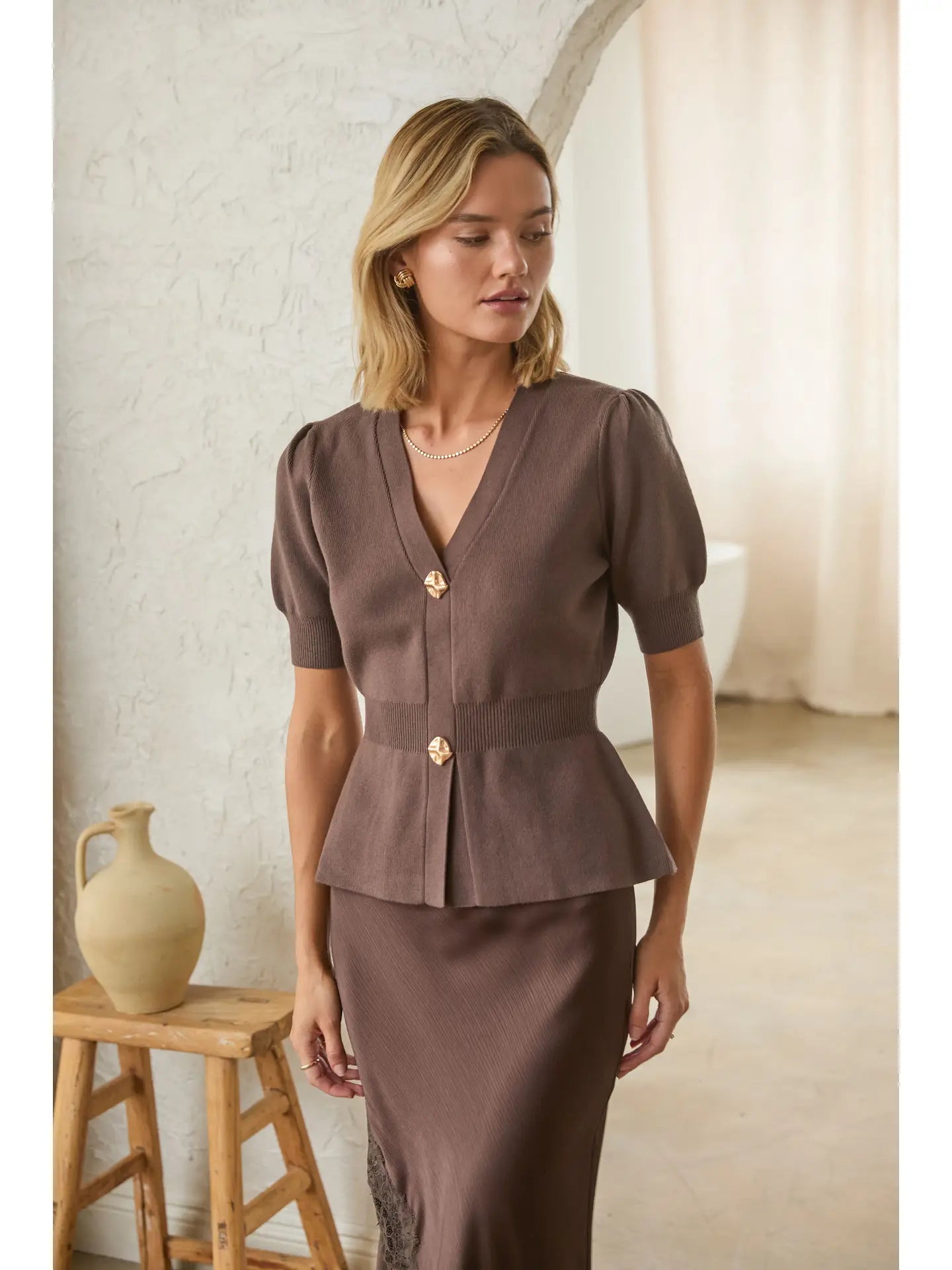 gold dress cardigan Ribbed Short Sleeve with Buttons Mens: Best Sellers Color:Sunkissed Garden Boho Bridesmaid Dresses - Gold Threads