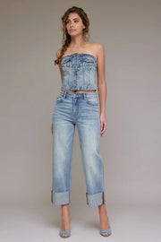 Vintage Wash High Rise Cuffed Wide Straight Hidden Jeans