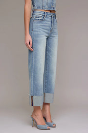 Vintage Wash High Rise Cuffed Wide Straight Hidden Jeans