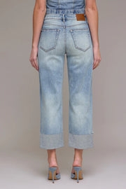 Vintage Wash High Rise Cuffed Wide Straight Hidden Jeans