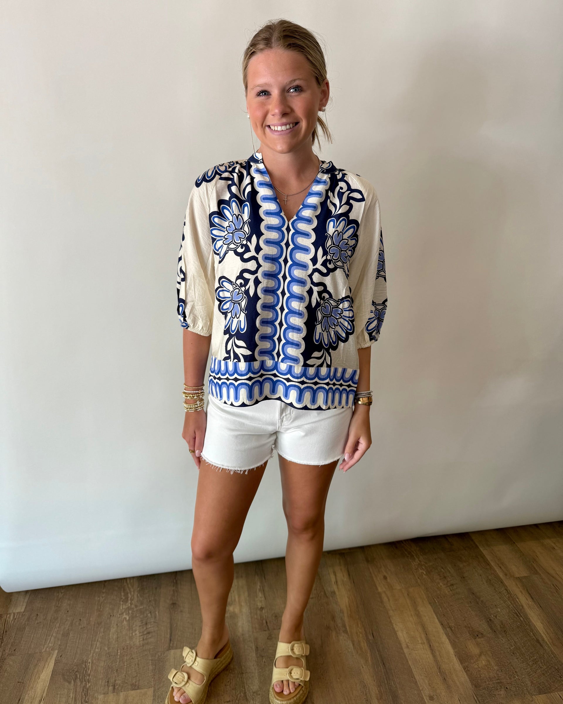 Flower Print Balloon Sleeve Top THML