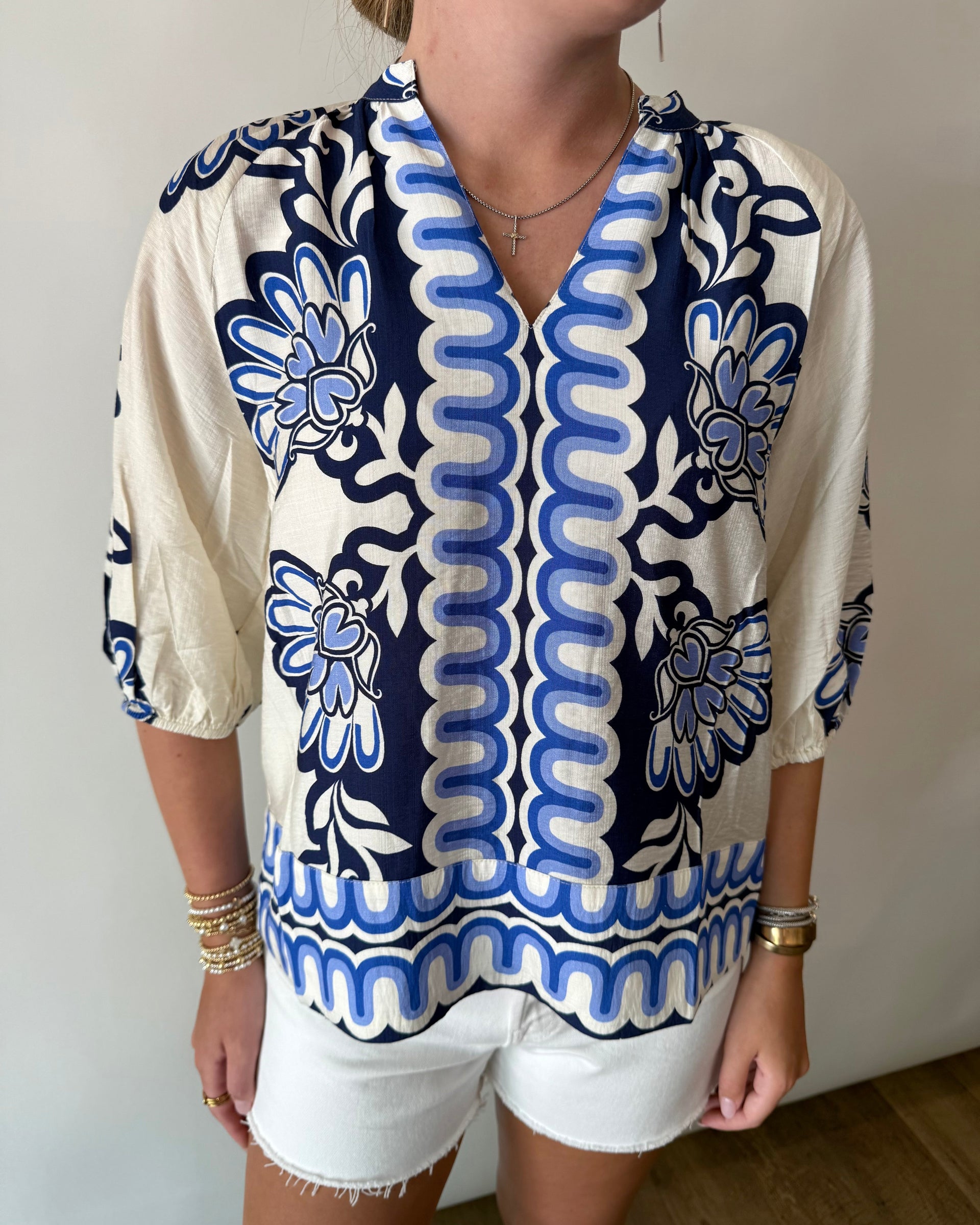 Flower Print Balloon Sleeve Top THML