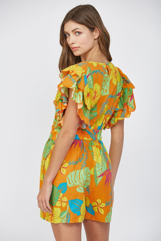 TROPICAL PRINT LINEN RUFFLE SLV ROMPER Shop Expeditions