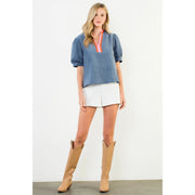 Puff Sleeve Textured V-Neck Top THML