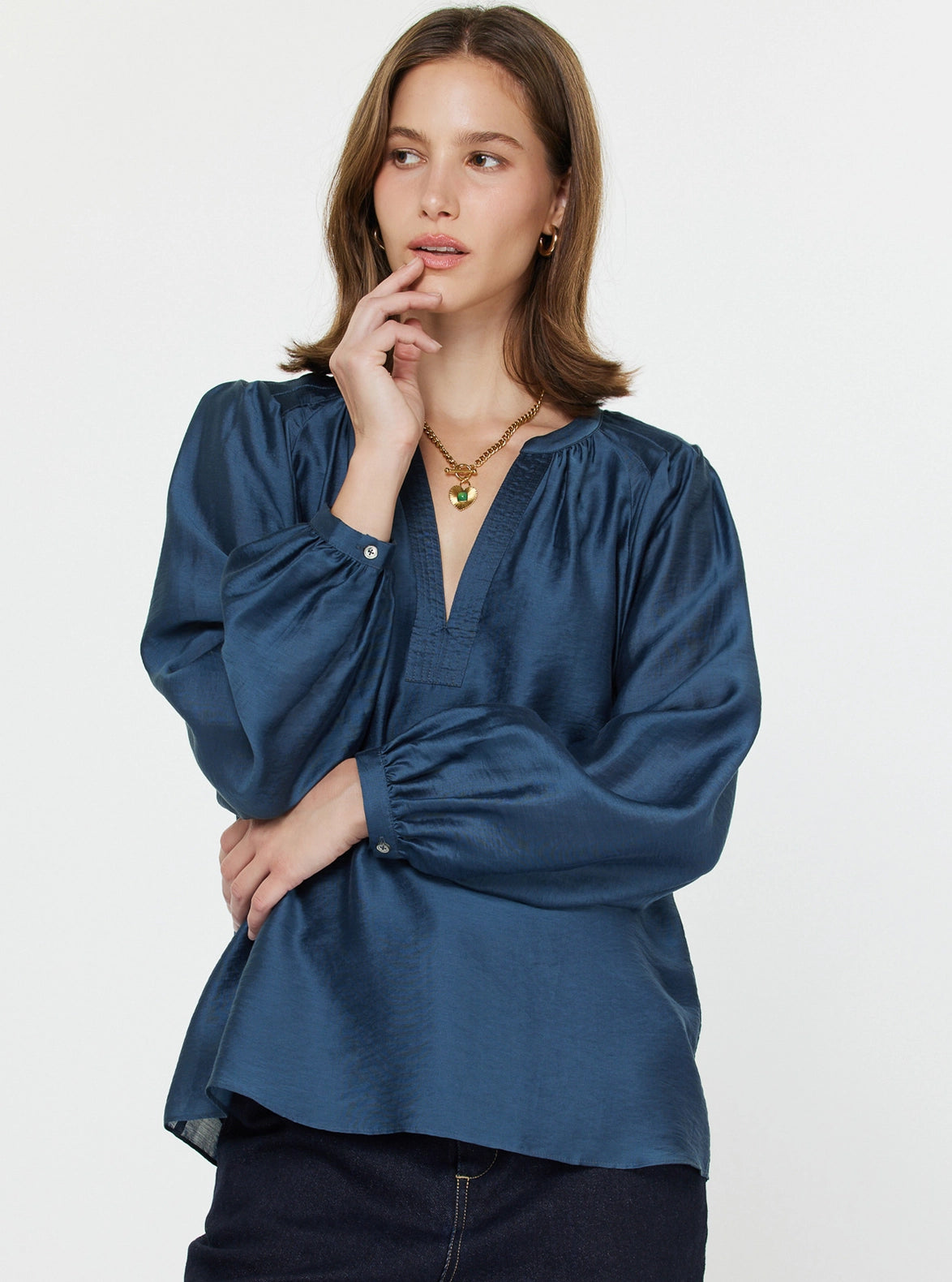 Long-Sleeve Split Neck Blouse Current Air