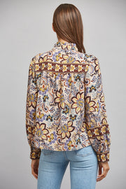 Border Print Ruffled Stand Collar Button Down Blouse Fate