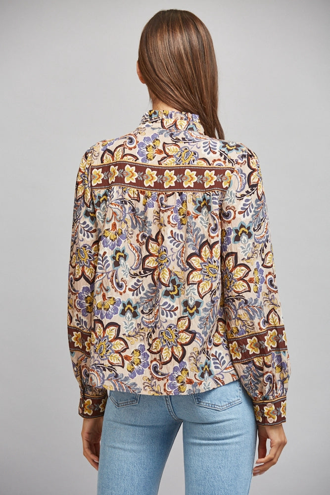 Border Print Ruffled Stand Collar Button Down Blouse Fate