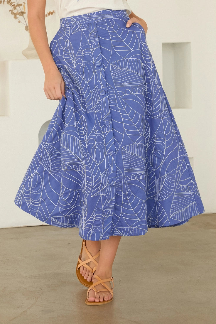Printed Poplin Button-Front Midi Skirt Skies are Blue