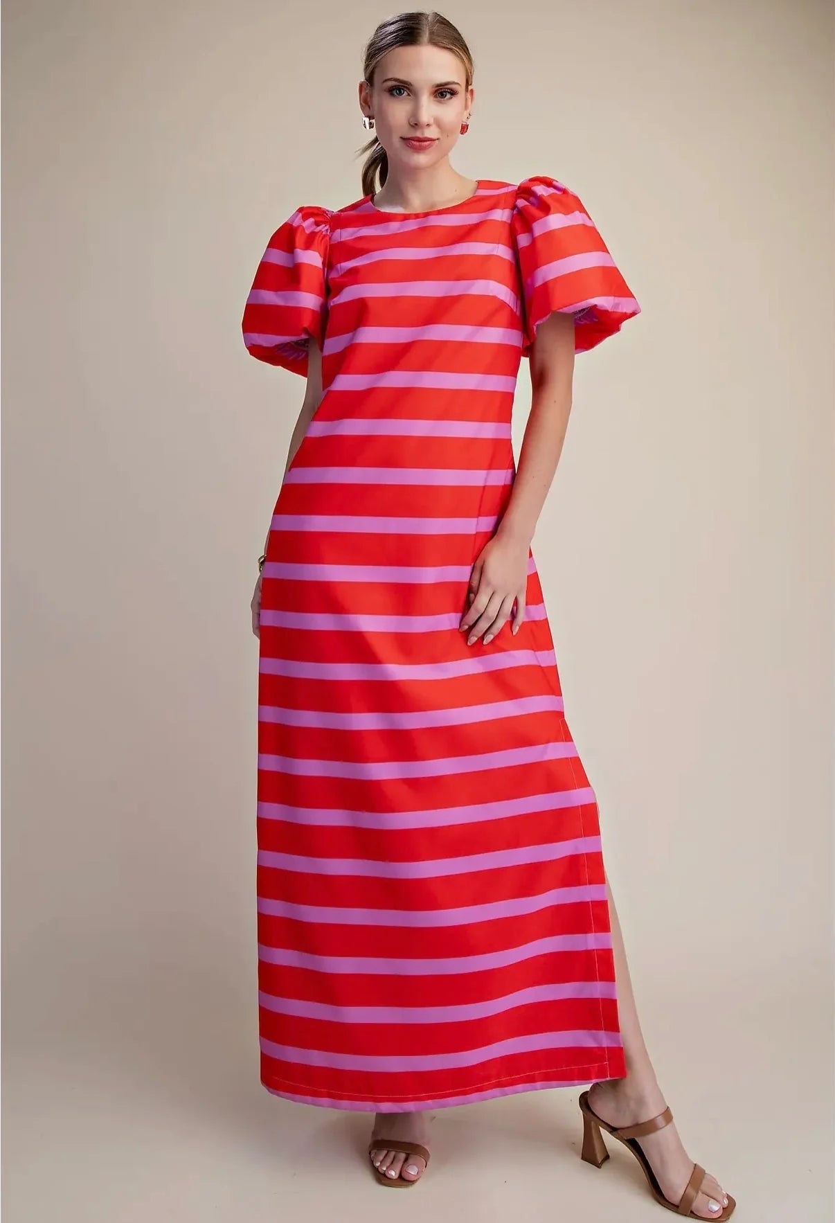 Maxi Dress Puff Sleeve Side Slit Dress Glam