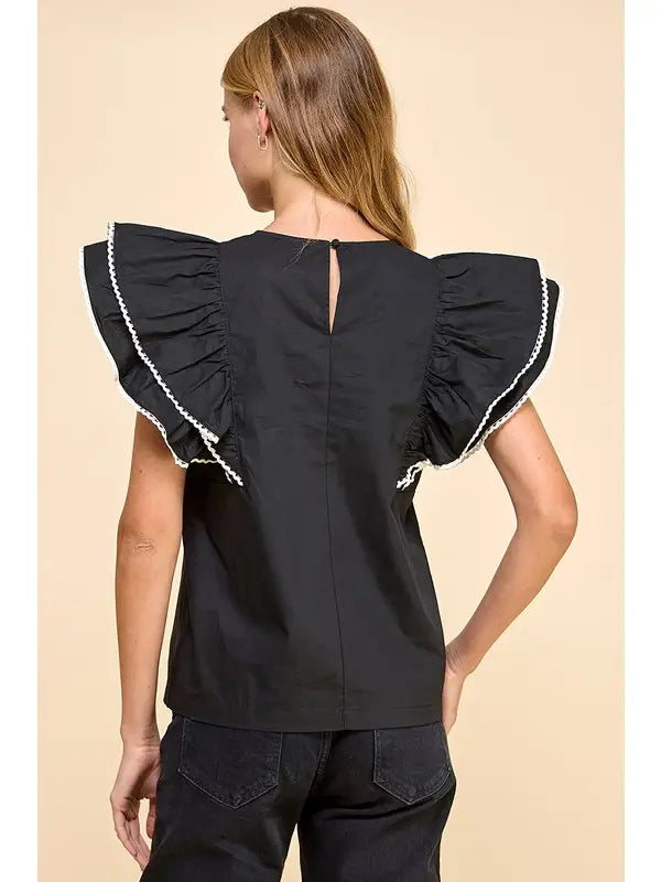 Contrast Trim Ruffle Sleeve Top TCEC