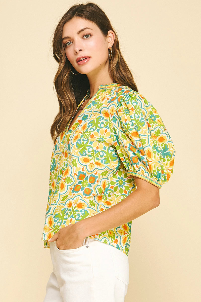 Damask V-Neck Blouse Top Pinch