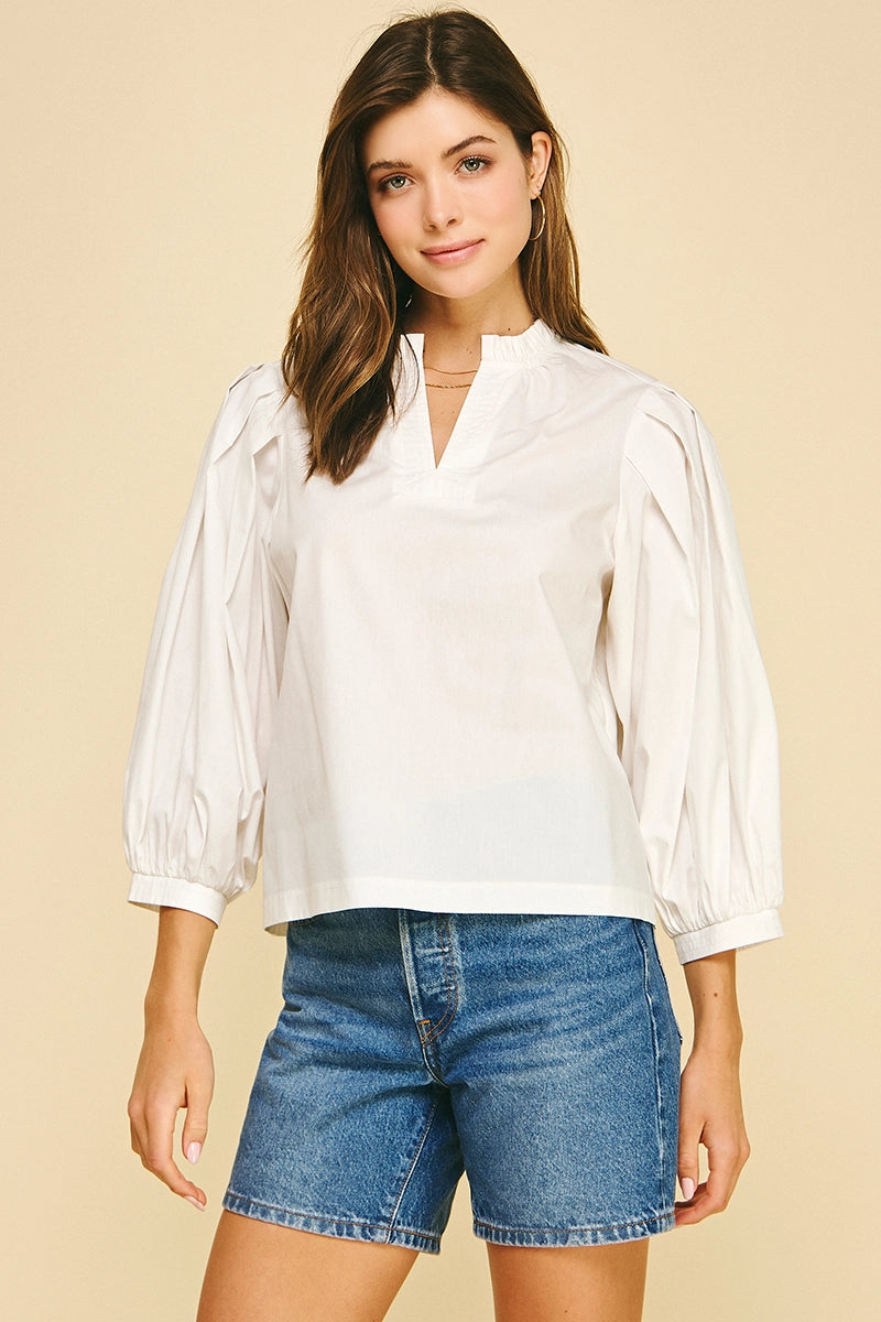 Ruffled Mock Neck Poplin Bloue Top Pinch