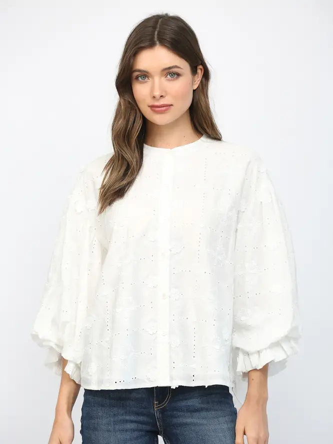 Floral Embroidered Eyelet Lace Bubble Sleeve Blouse Fate