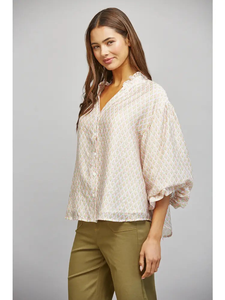 Floral Block Print Tencel Blend Ruffle Blouse Fate