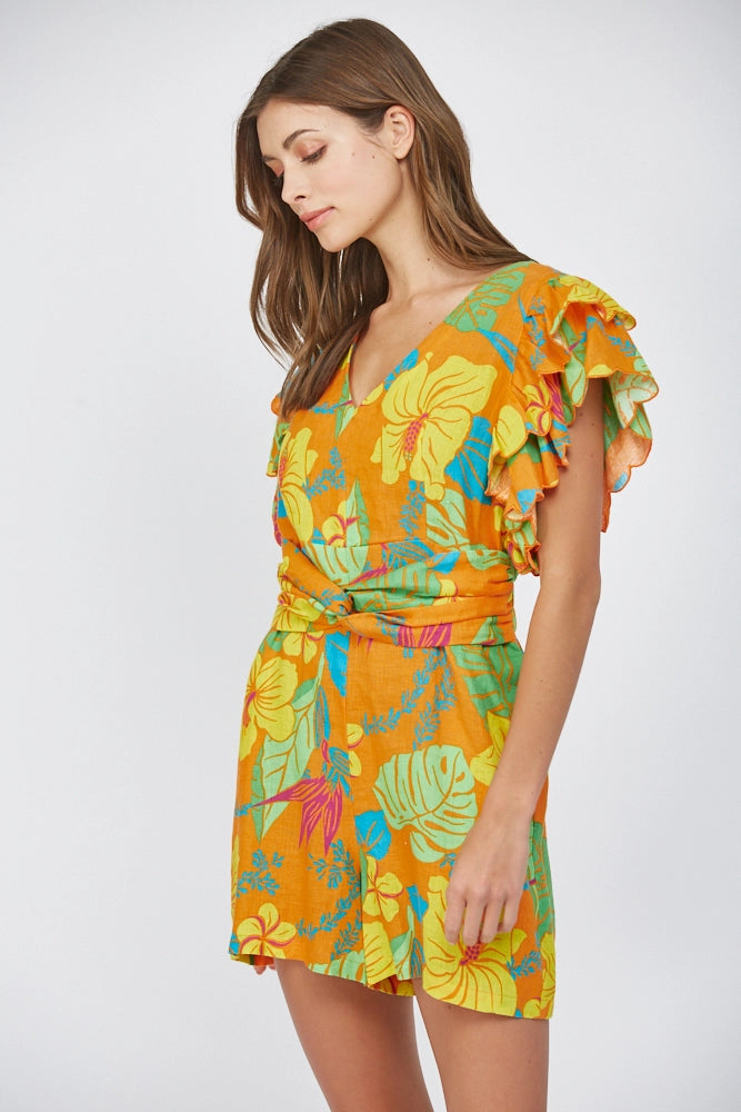 TROPICAL PRINT LINEN RUFFLE SLV ROMPER Shop Expeditions