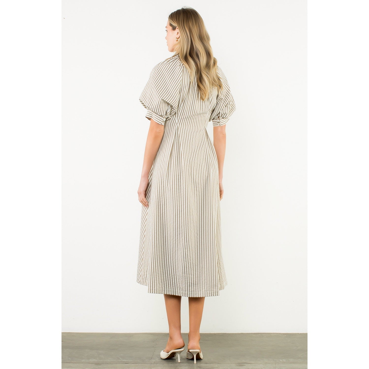 PUFF SLEEVE STRIPED TEXTURE MAXI  DRESS THML