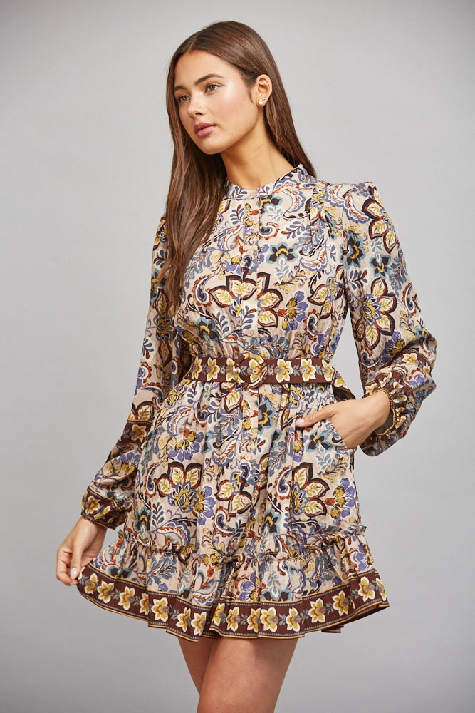 Border Print Self Tie Belt Detail Stand Collar Dress Fate