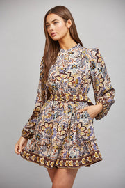 Border Print Self Tie Belt Detail Stand Collar Dress Fate