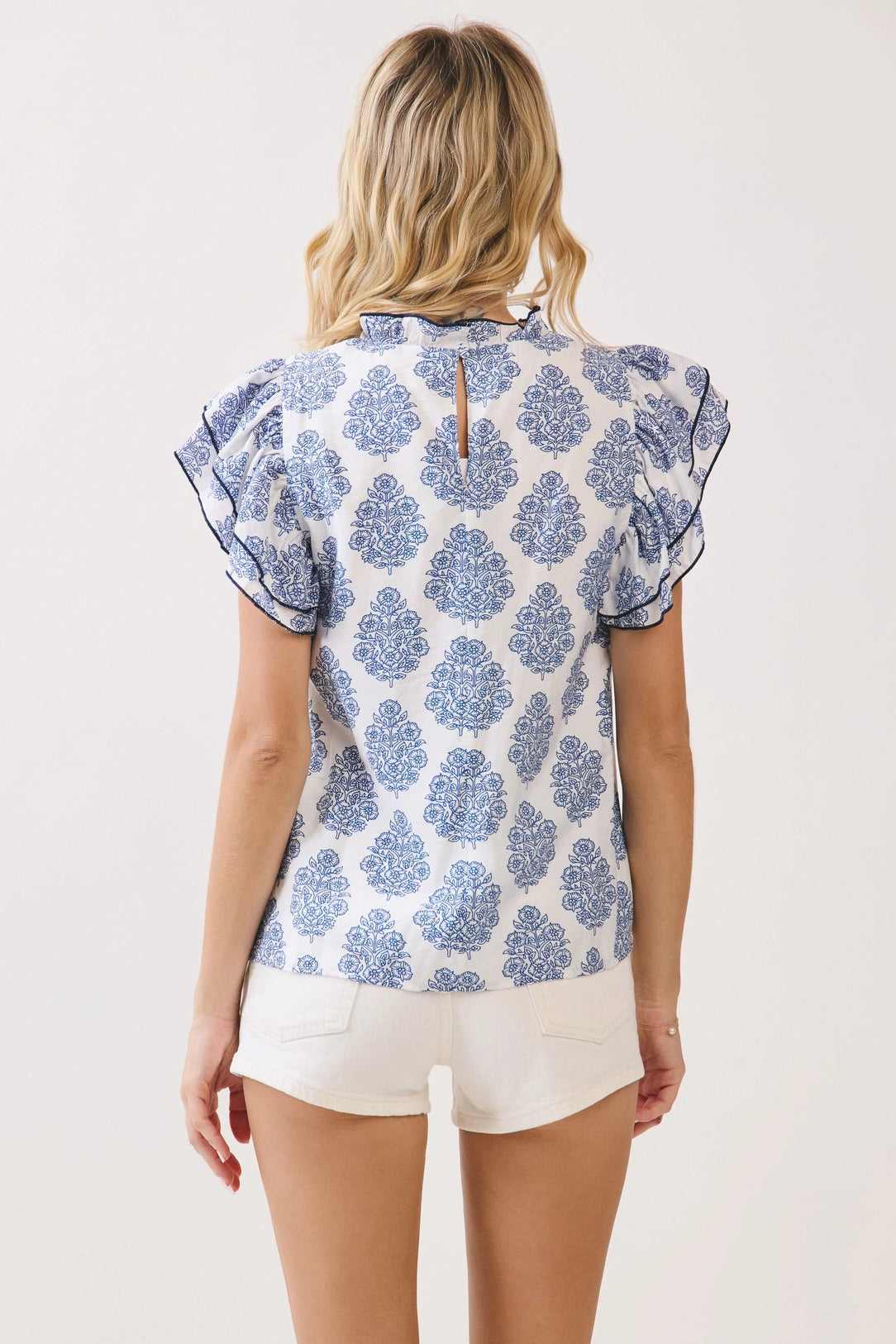 Printed Contrast Trim Ruffle Sleeve Blouse TCEC