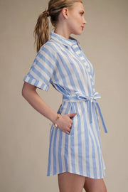 Collar Neck Button-Up Shirts Waist Tie Mini Dress Glam