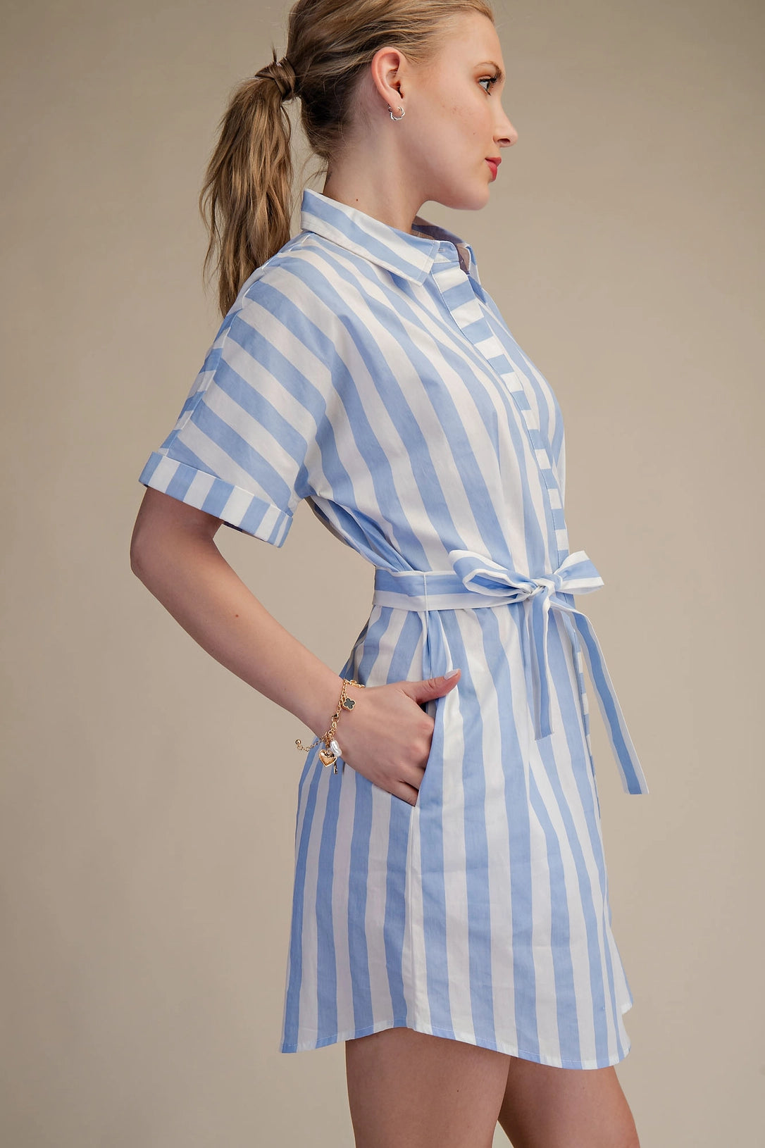 Collar Neck Button-Up Shirts Waist Tie Mini Dress Glam