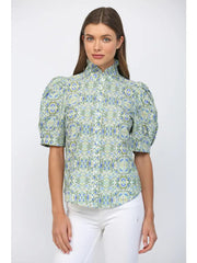 Puff Short Sleeves Ruffle Neck Button Down Top Fate