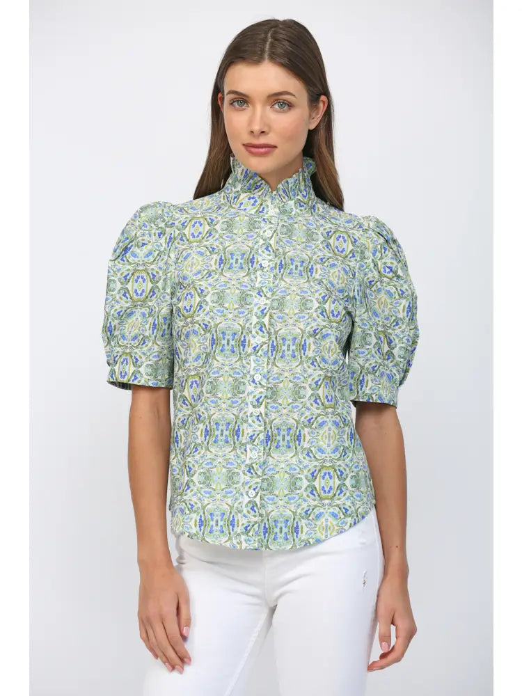 Puff Short Sleeves Ruffle Neck Button Down Top Fate