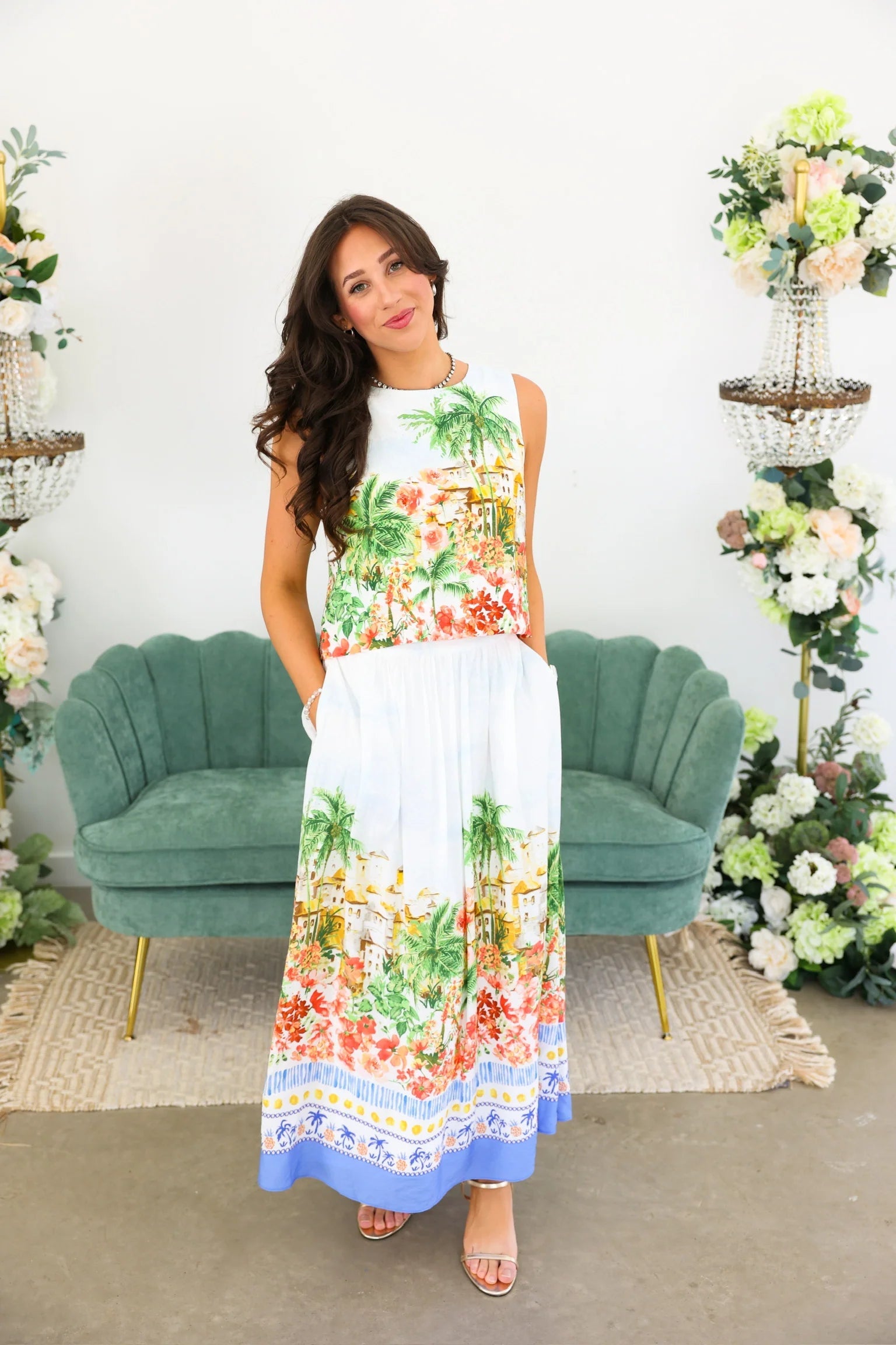 Tropical Scenic Print Midi Skirt Skies are Blue