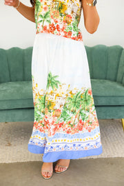 Tropical Scenic Print Midi Skirt Skies are Blue