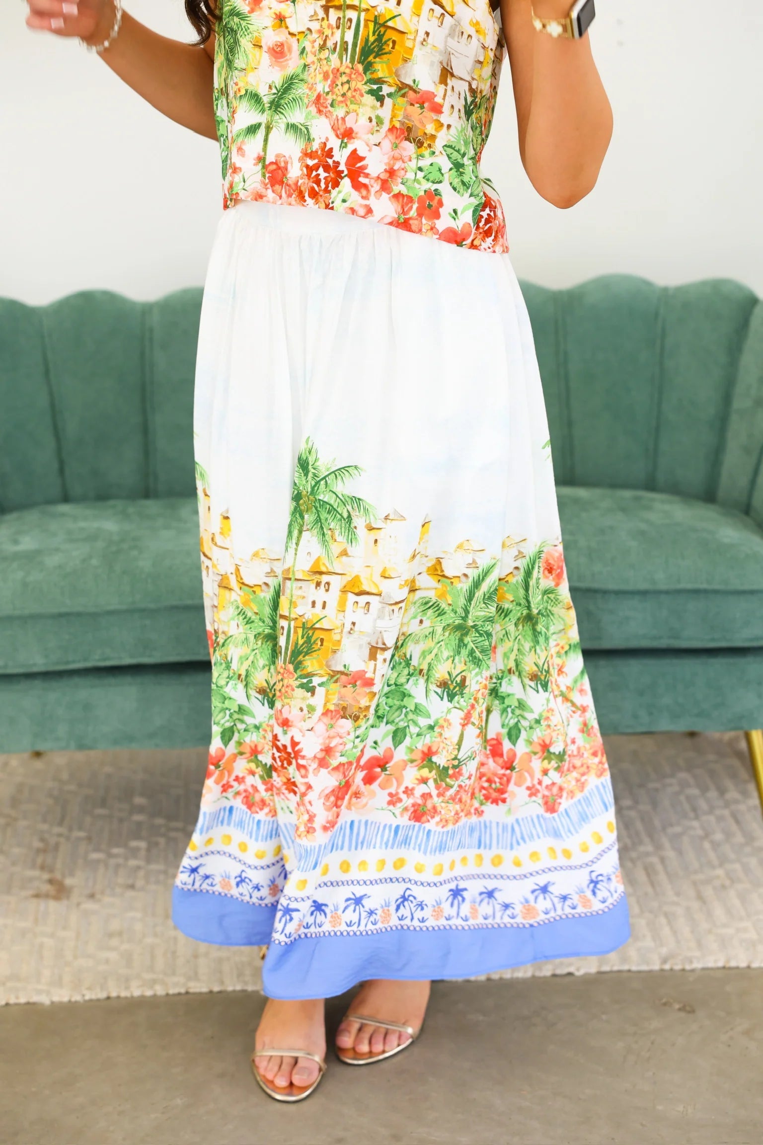 Tropical Scenic Print Midi Skirt Skies are Blue