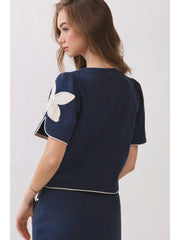 Appliqué Floral Short Puff Sleeve Structured Top TCEC
