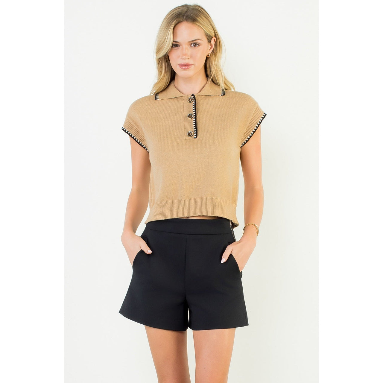 Contrast Trim Collared Button Knit Top THML