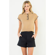 Contrast Trim Collared Button Knit Top THML