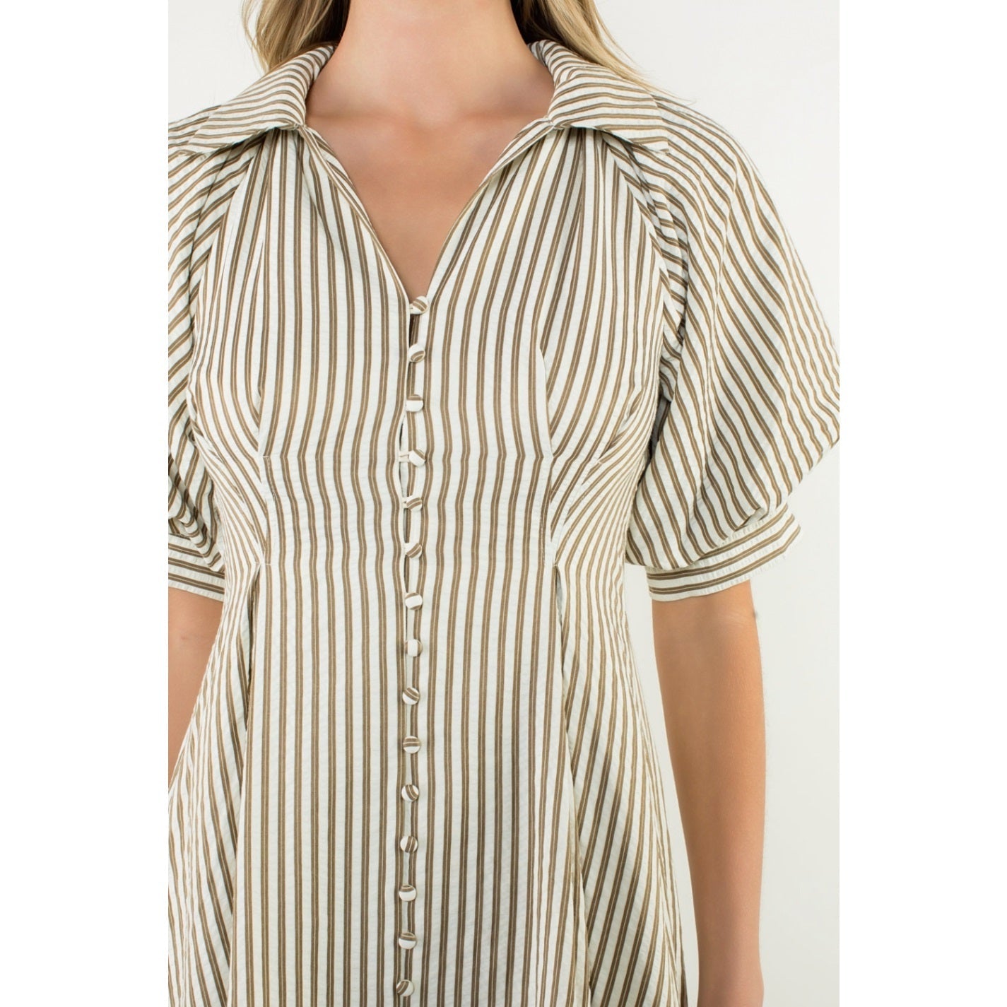 PUFF SLEEVE STRIPED TEXTURE MAXI  DRESS THML