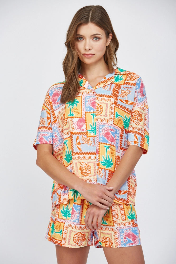 Notch Lapel Collar Short Sleeve Button Down Shirt Fate