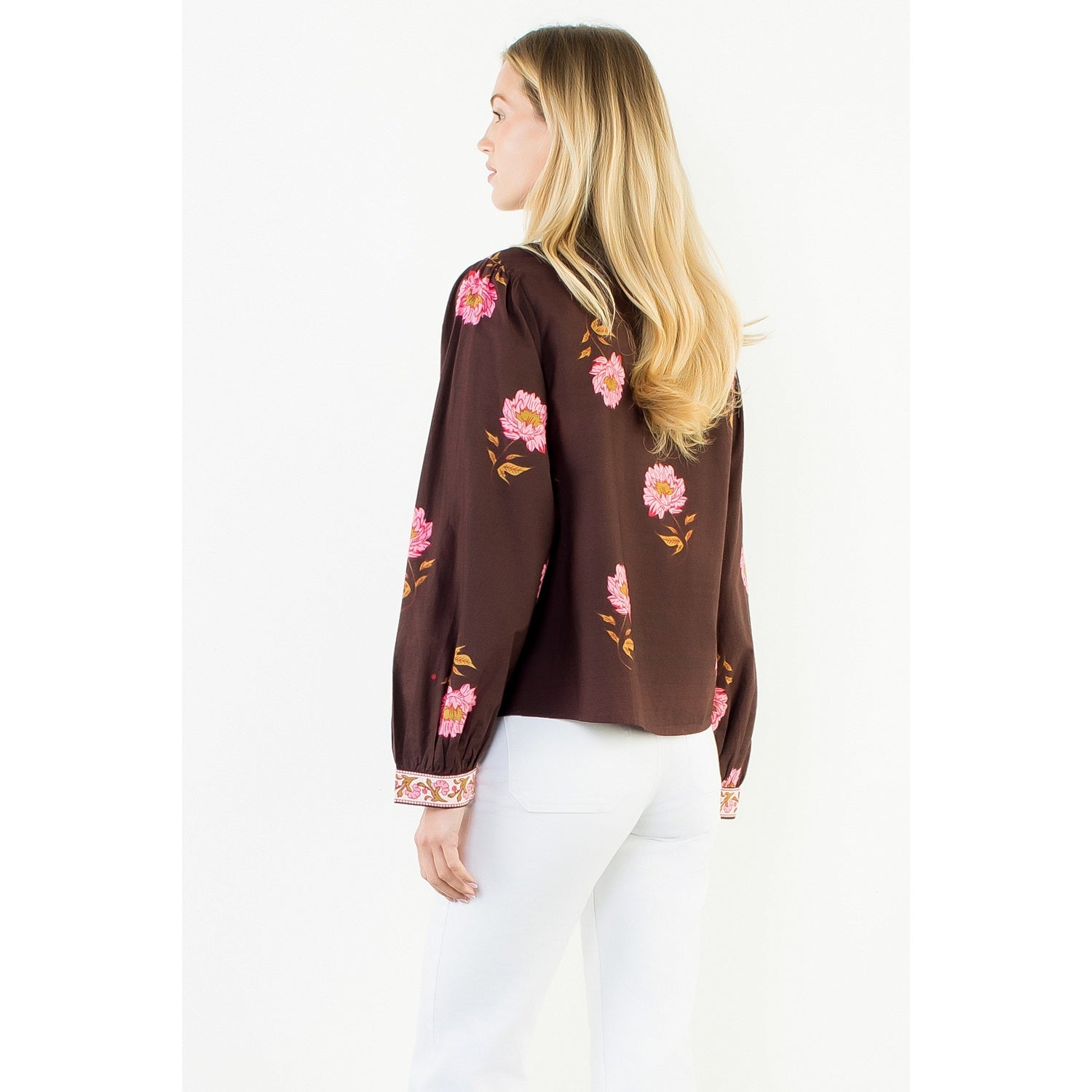 Long Sleeve Floral Top with Pattern Cuffs THML
