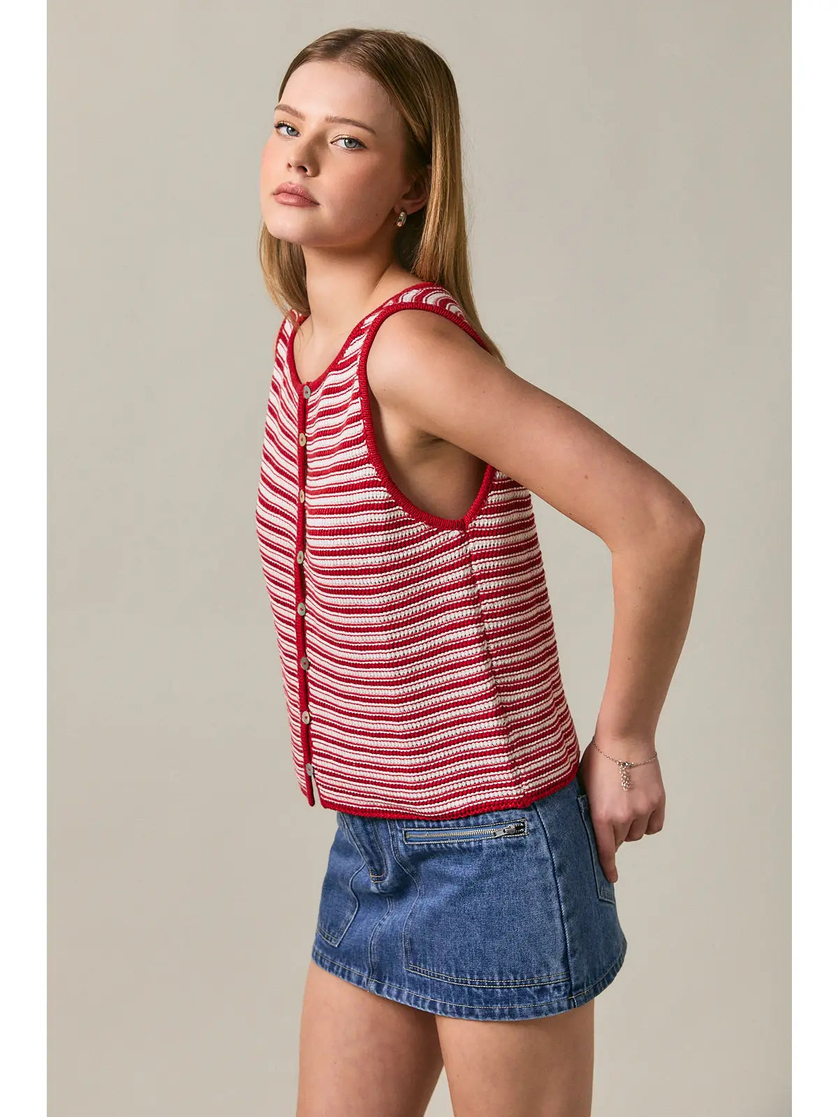 Boat Neck Sleeveless Button Front Crochet Effect Top Le Lis