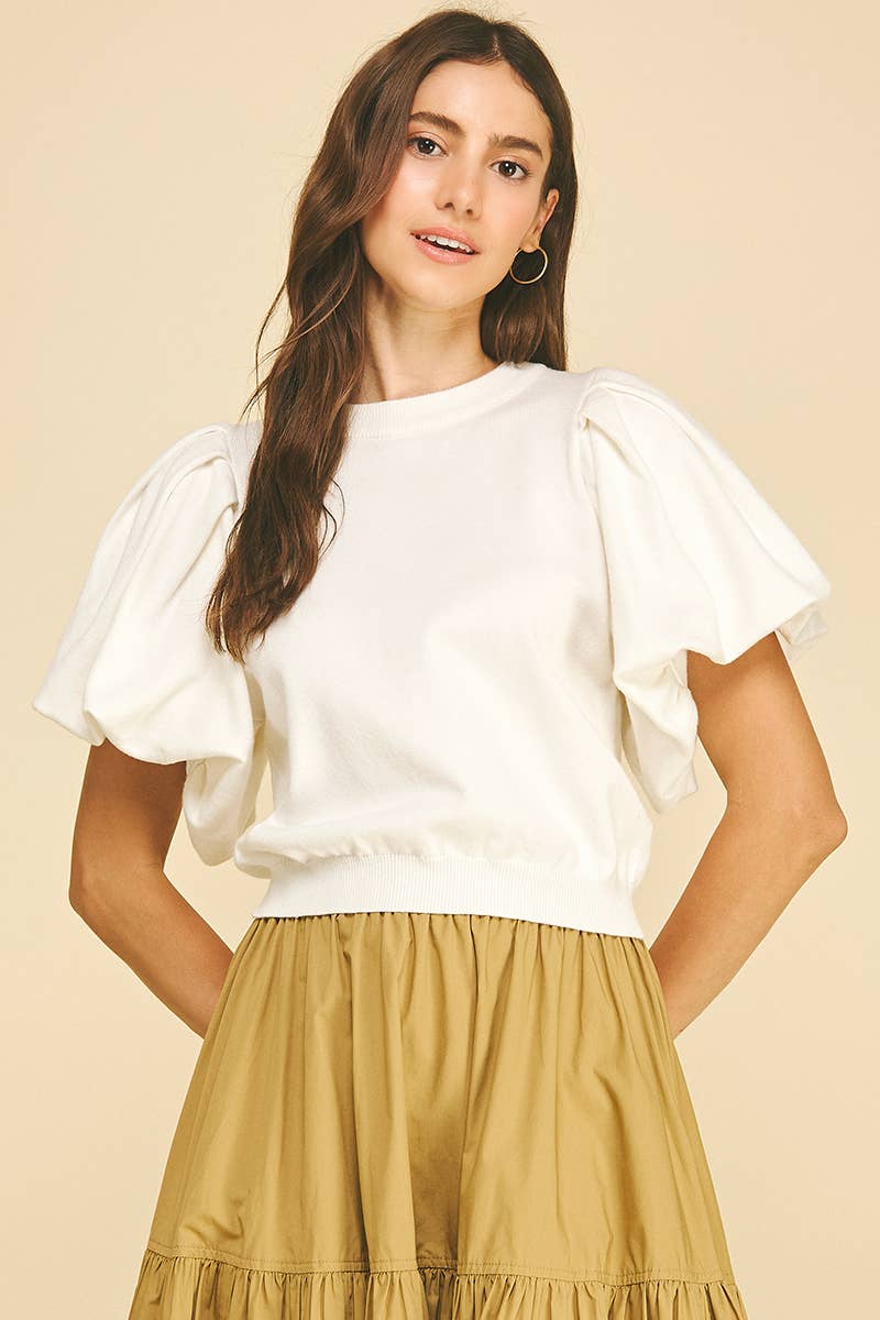 Crew Neck Puff Sleeve Ribbed Top Pinch