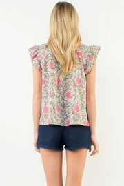 Roxanne Flutter Sleeve Floral Detail Button Up Top THML