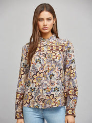 Border Print Ruffled Stand Collar Button Down Blouse Fate