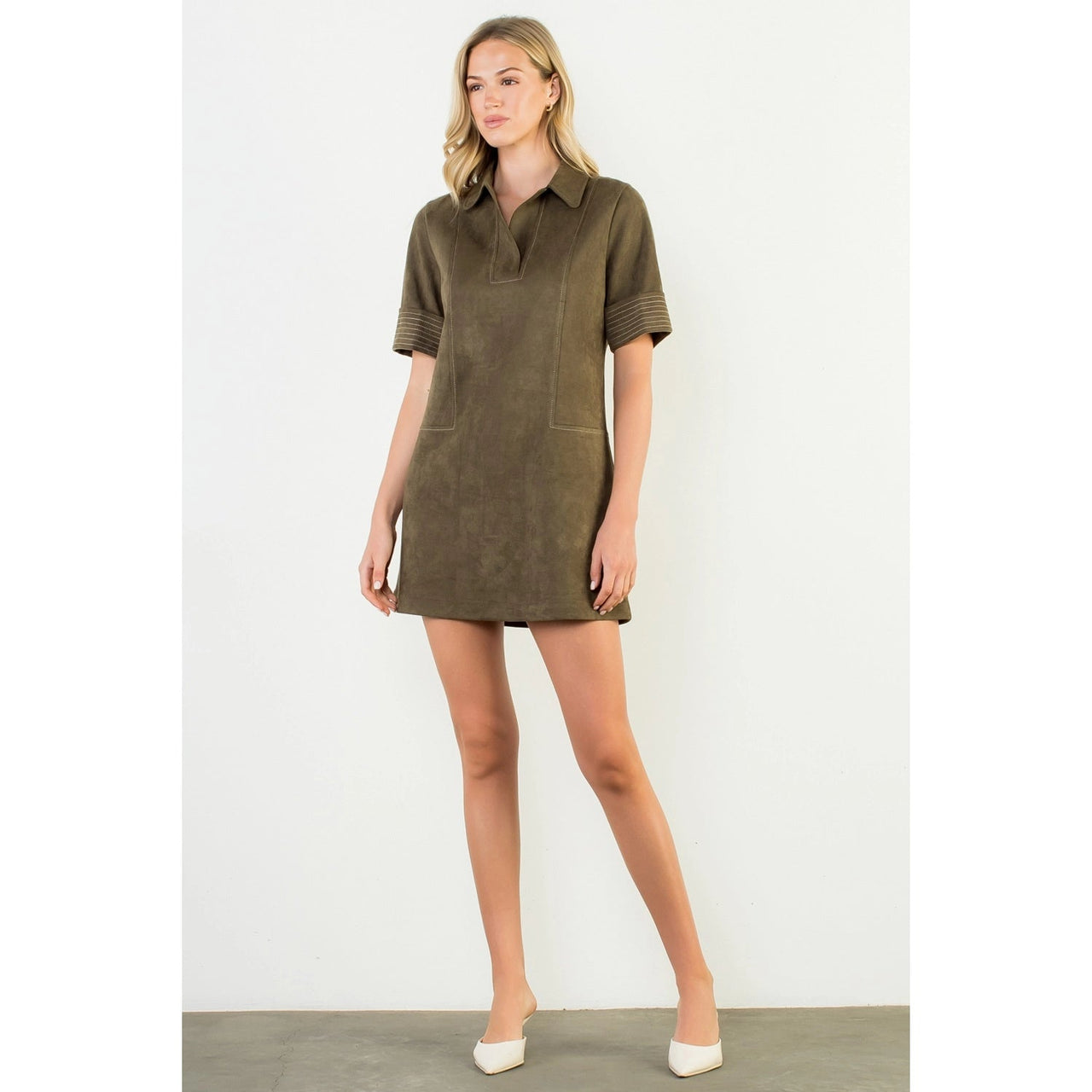 Short Sleeve Collared Suede Dress THML