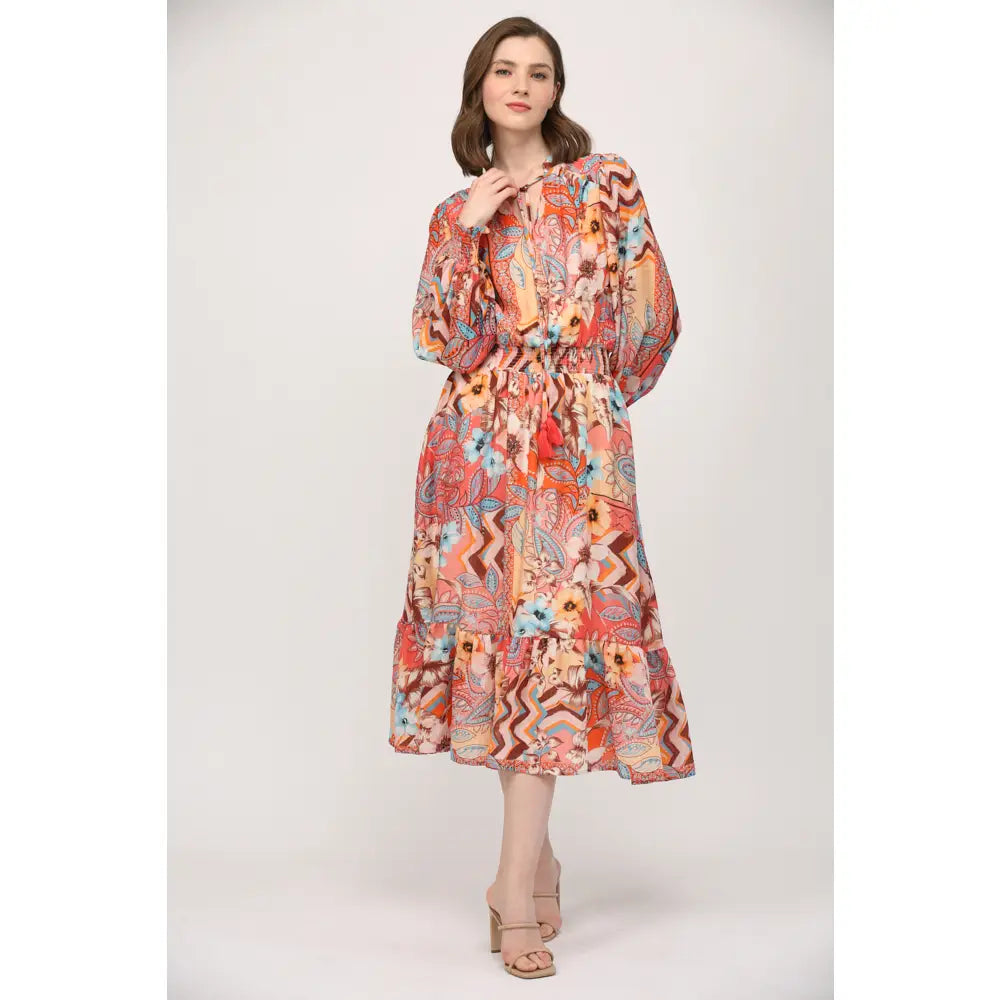 Printed Tencel Blend Tassel Tie Neck Midi Dress